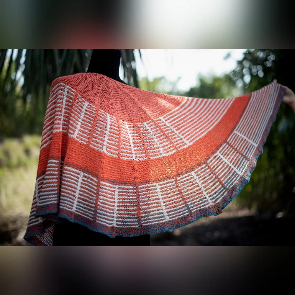 Hand Crafted OOAK Avantgarde Boho Striped Cotton Orange Blue Summer Knit Shawl - Picture 8 of 15